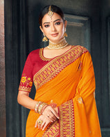 Vishal Prints Orange And Dark Red Art Silk Embroidery And Stone Work Saree With Tassel