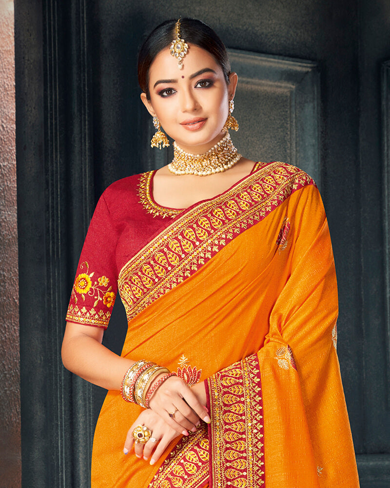 Vishal Prints Orange And Dark Red Art Silk Embroidery And Stone Work Saree With Tassel