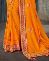 Vishal Prints Orange And Dark Red Art Silk Embroidery And Stone Work Saree With Tassel