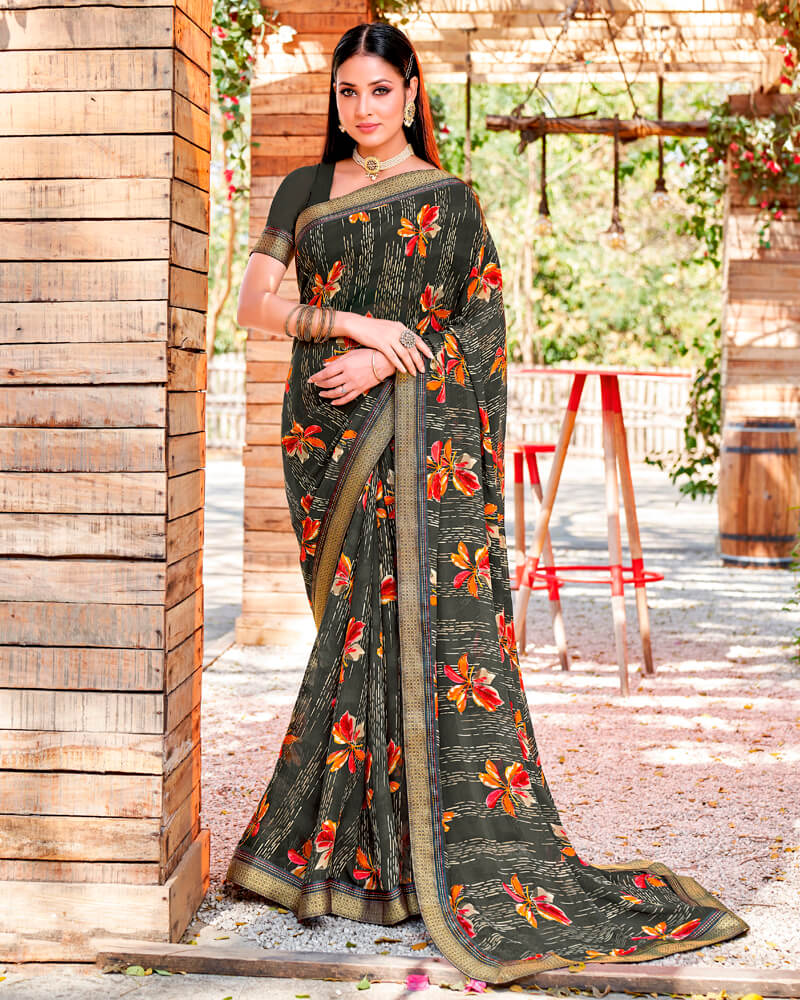 Vishal Prints Dark Grey Printed Georgette Saree With Border
