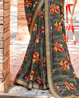 Vishal Prints Dark Grey Printed Georgette Saree With Border