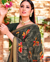 Vishal Prints Dark Grey Printed Georgette Saree With Border