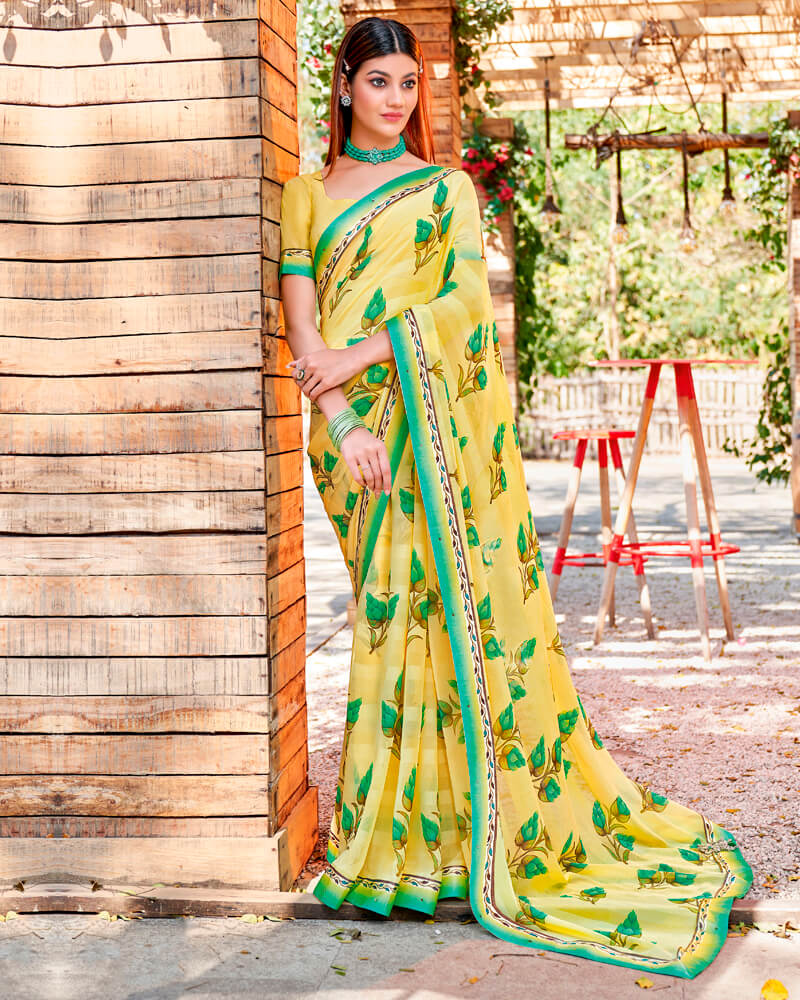 Vishal Prints Pastel Yellow Printed Georgette Saree With Border