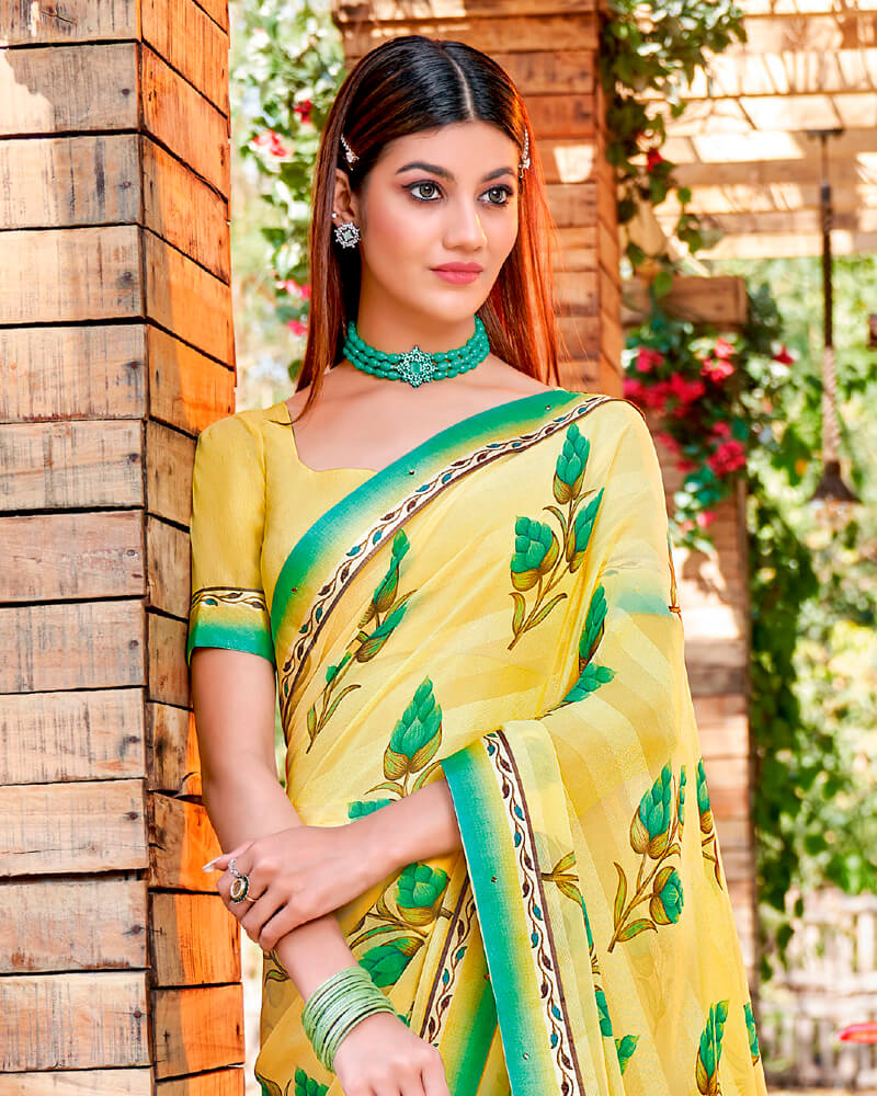 Vishal Prints Pastel Yellow Printed Georgette Saree With Border
