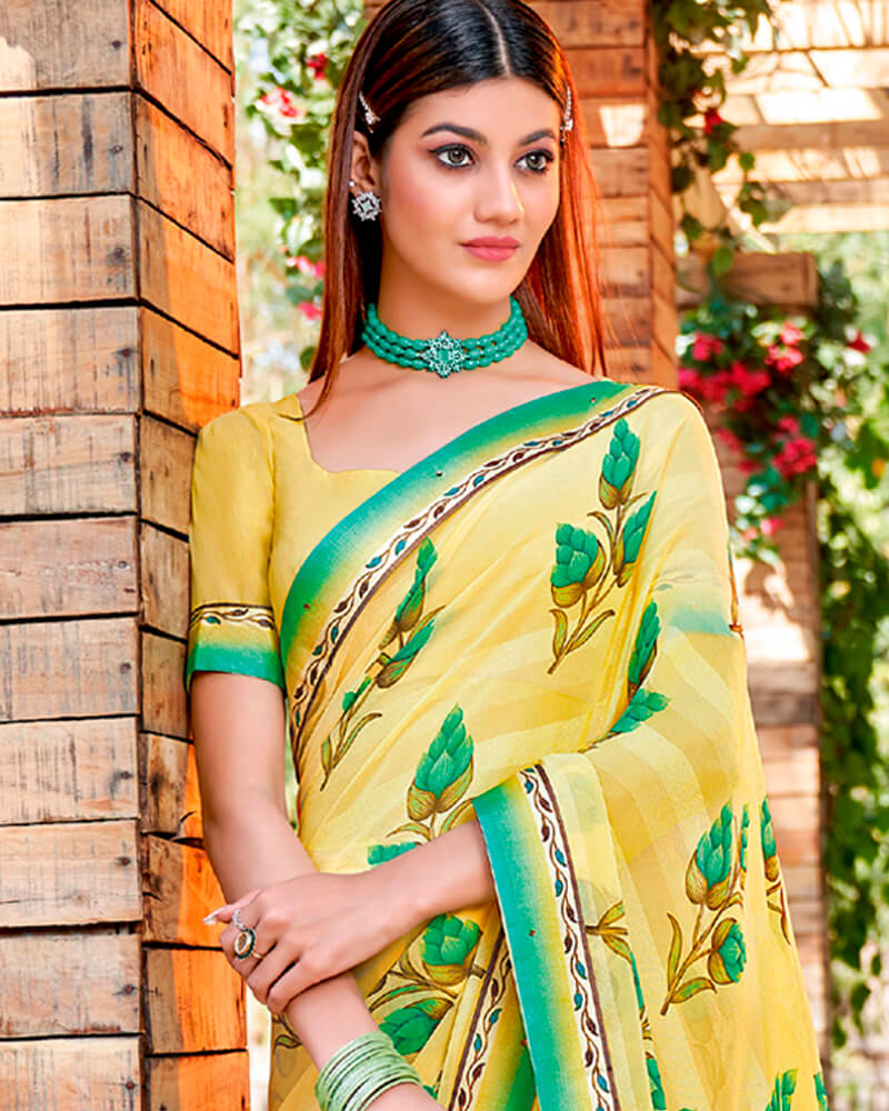 Vishal Prints Pastel Yellow Printed Georgette Saree With Border