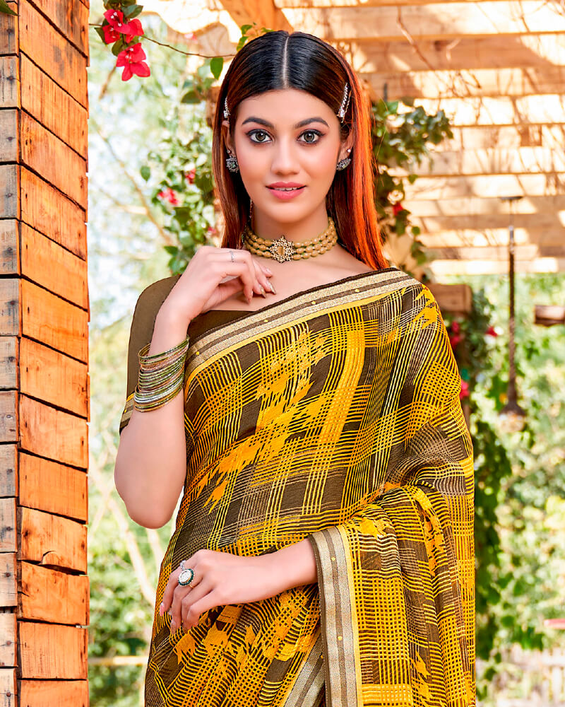 Vishal Prints Dark Yellow Printed Georgette Saree With Border