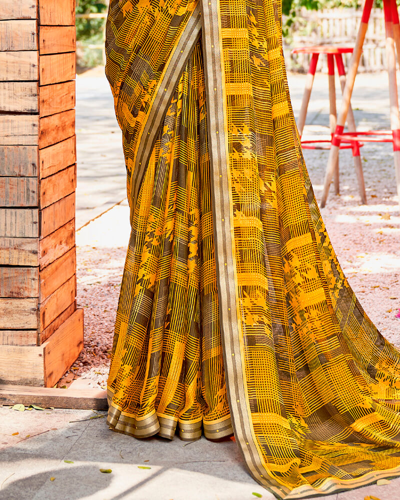 Vishal Prints Dark Yellow Printed Georgette Saree With Border