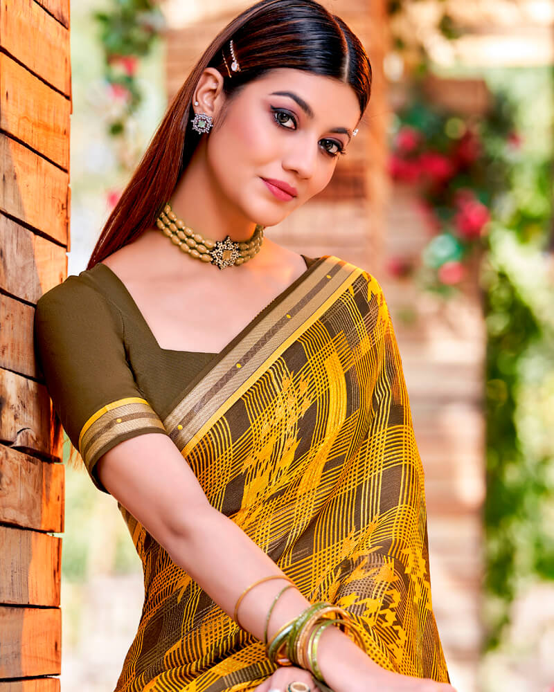 Vishal Prints Dark Yellow Printed Georgette Saree With Border