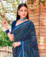 Vishal Prints Dark Blue Printed Georgette Saree With Border