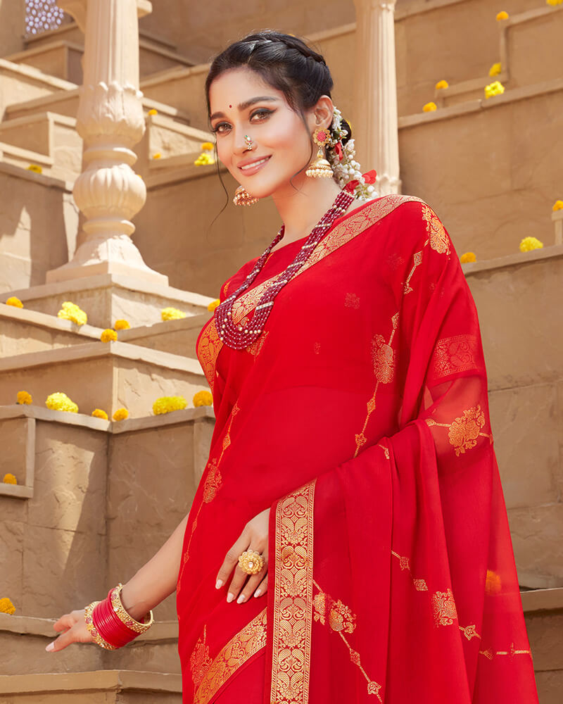 Vishal Prints Red Chiffon Saree With Foil Print And Zari Border