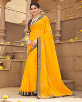 Vishal Prints Golden Yellow Chiffon Saree With Foil Print And Zari Border