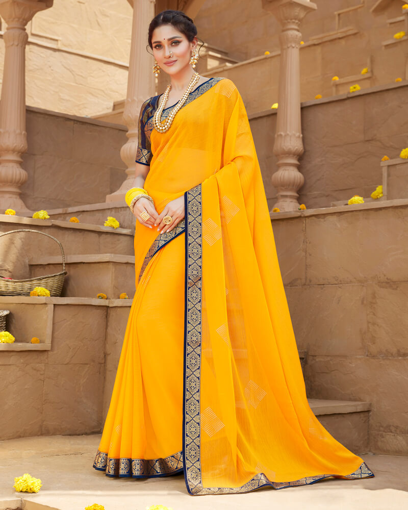 Vishal Prints Golden Yellow Chiffon Saree With Foil Print And Zari Border