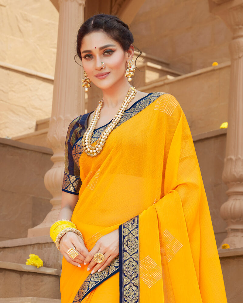 Vishal Prints Golden Yellow Chiffon Saree With Foil Print And Zari Border