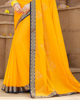 Vishal Prints Golden Yellow Chiffon Saree With Foil Print And Zari Border