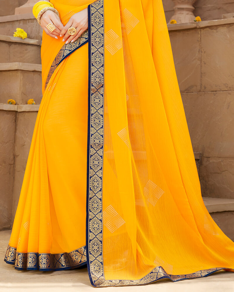 Vishal Prints Golden Yellow Chiffon Saree With Foil Print And Zari Border