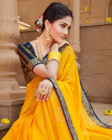 Vishal Prints Golden Yellow Chiffon Saree With Foil Print And Zari Border