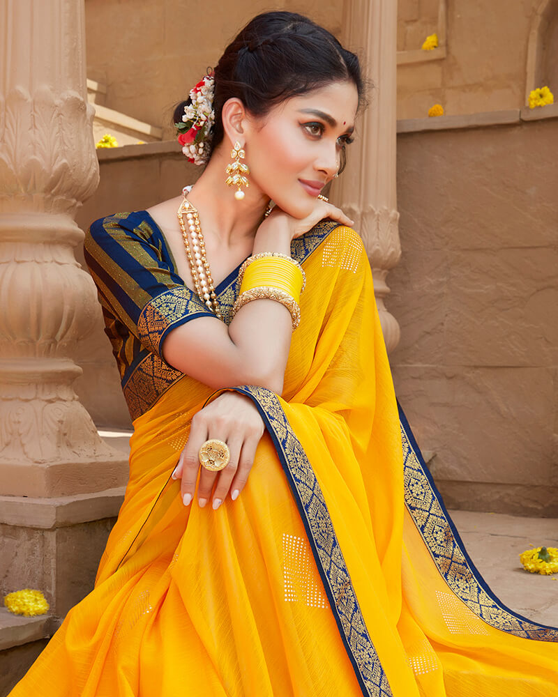 Vishal Prints Golden Yellow Chiffon Saree With Foil Print And Zari Border
