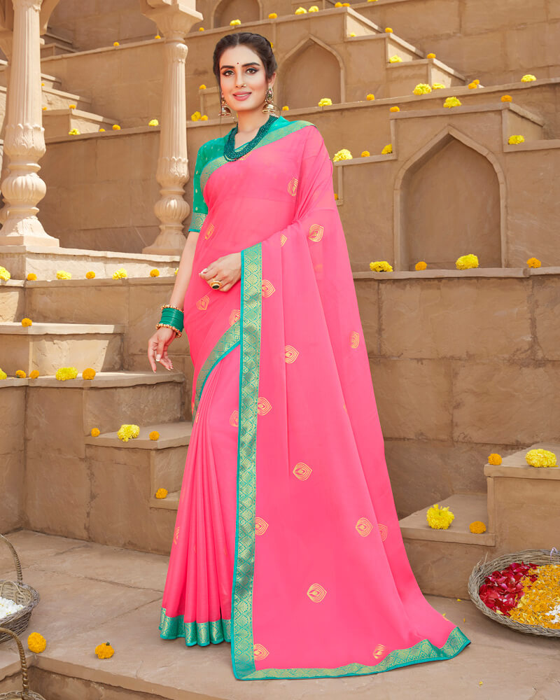 Vishal Prints Pink Chiffon Saree With Foil Print And Zari Border