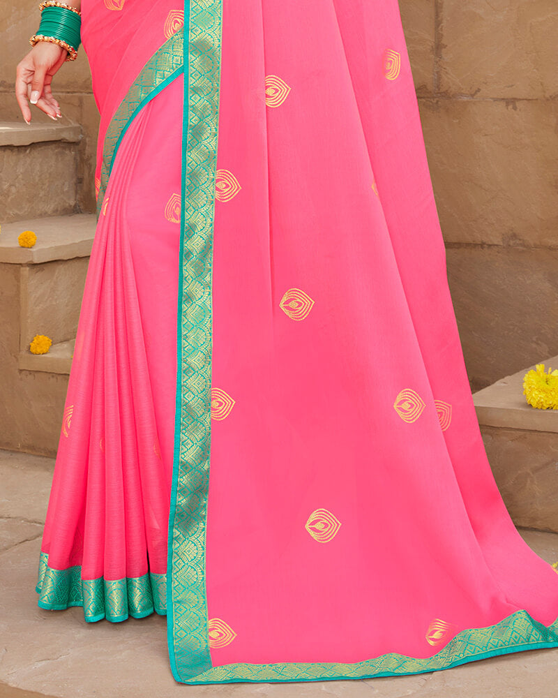 Vishal Prints Pink Chiffon Saree With Foil Print And Zari Border