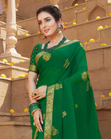 Vishal Prints Dark Green Chiffon Saree With Foil Print And Zari Border