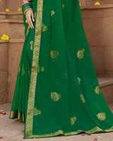 Vishal Prints Dark Green Chiffon Saree With Foil Print And Zari Border