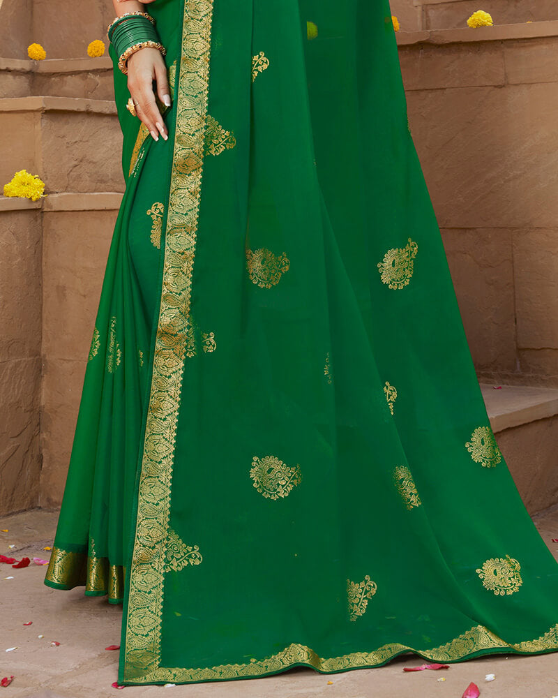Vishal Prints Dark Green Chiffon Saree With Foil Print And Zari Border
