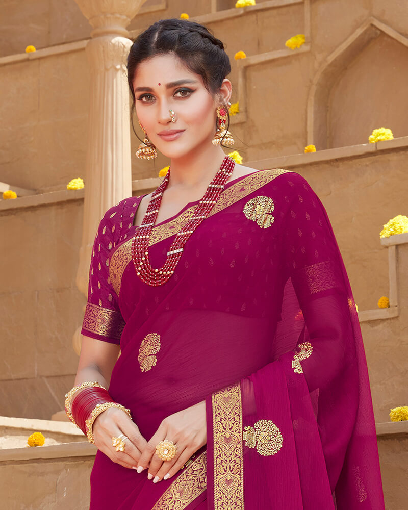 Vishal Prints Dark Fuchsia Chiffon Saree With Foil Print And Zari Border