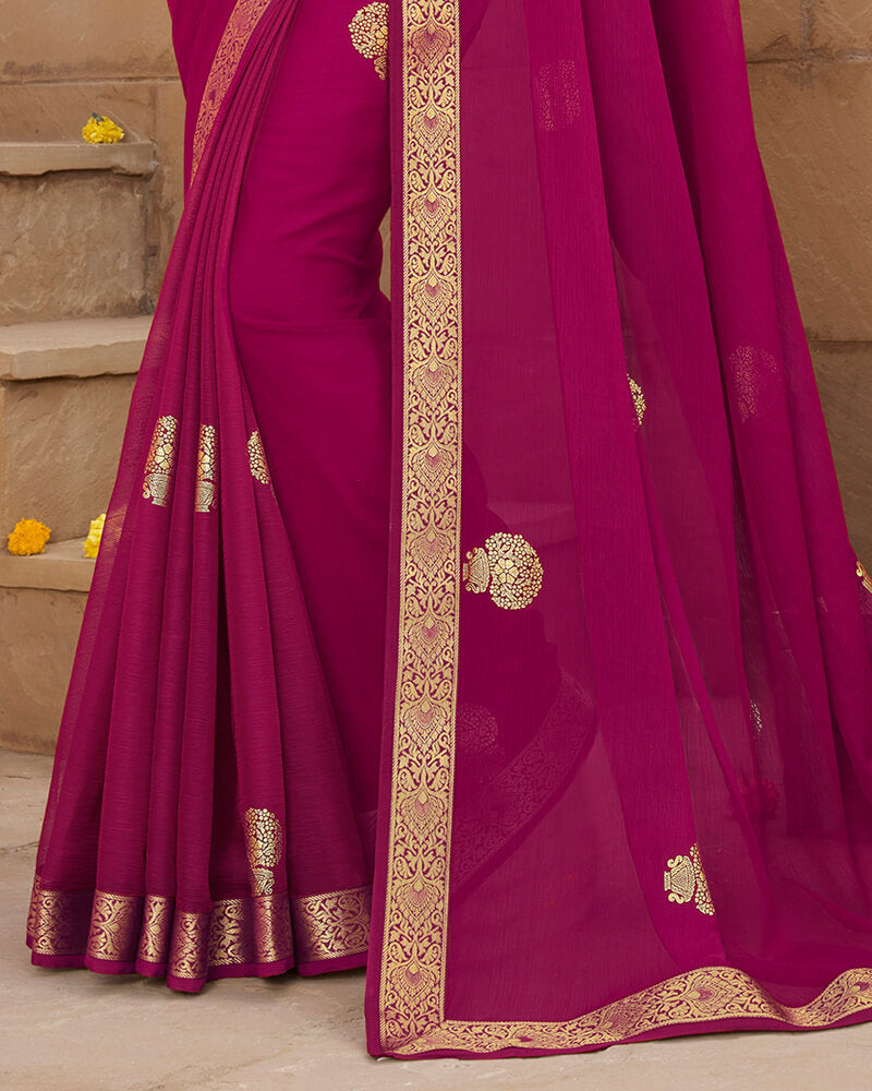 Vishal Prints Dark Fuchsia Chiffon Saree With Foil Print And Zari Border