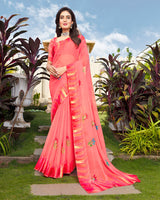 Vishal Prints Pastel Red Digital Print Chiffon Saree With Stone Work And Satin Border