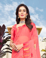 Vishal Prints Pastel Red Digital Print Chiffon Saree With Stone Work And Satin Border