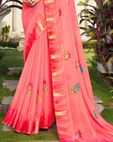 Vishal Prints Pastel Red Digital Print Chiffon Saree With Stone Work And Satin Border