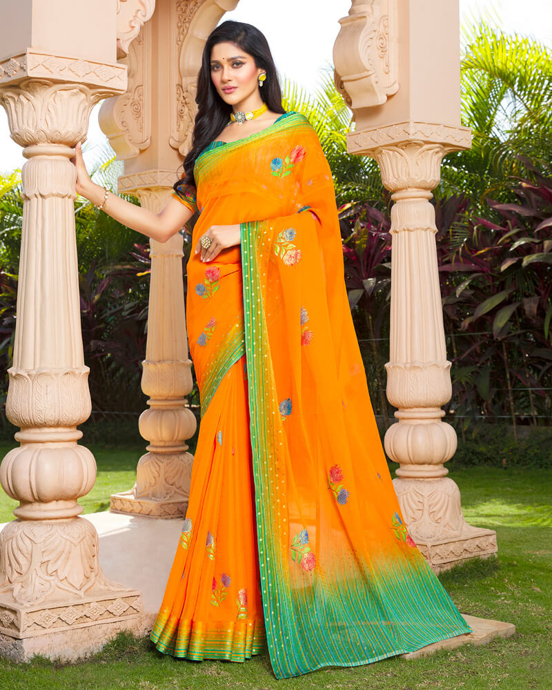 Vishal Prints Orange Digital Print Chiffon Saree With Stone Work And Satin Border