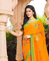Vishal Prints Orange Digital Print Chiffon Saree With Stone Work And Satin Border