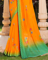 Vishal Prints Orange Digital Print Chiffon Saree With Stone Work And Satin Border