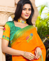 Vishal Prints Orange Digital Print Chiffon Saree With Stone Work And Satin Border