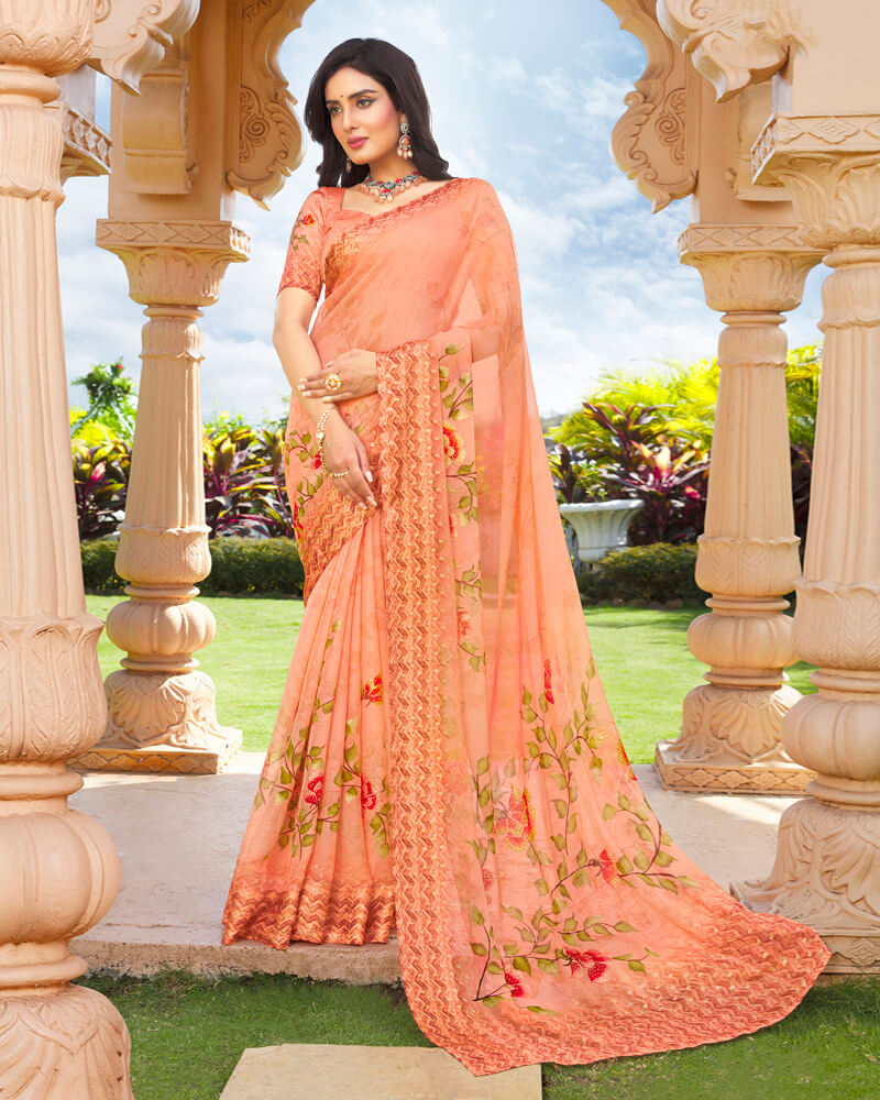 Vishal Prints Dark Peach Digital Print Chiffon Saree With Stone Work And Satin Border