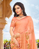 Vishal Prints Dark Peach Digital Print Chiffon Saree With Stone Work And Satin Border