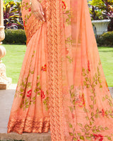 Vishal Prints Dark Peach Digital Print Chiffon Saree With Stone Work And Satin Border