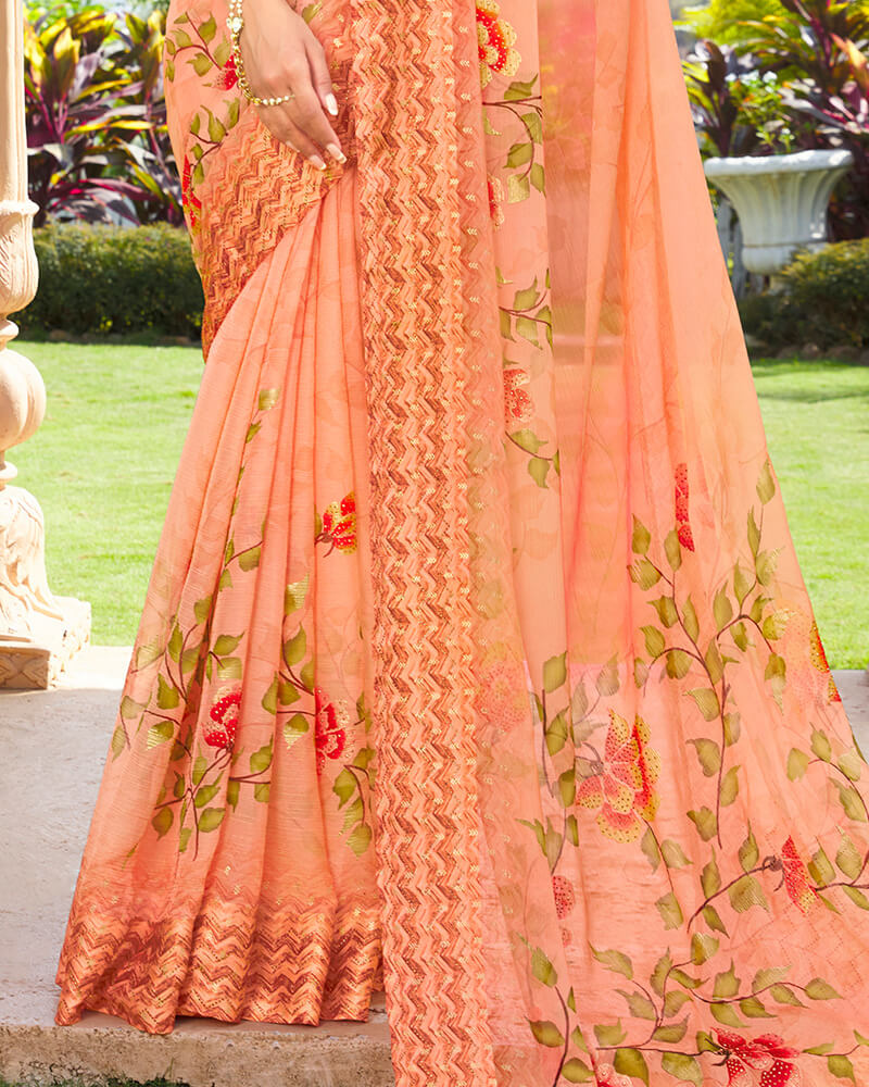 Vishal Prints Dark Peach Digital Print Chiffon Saree With Stone Work And Satin Border