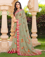 Vishal Prints Sage Green Digital Print Chiffon Saree With Stone Work And Satin Border