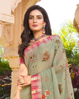 Vishal Prints Sage Green Digital Print Chiffon Saree With Stone Work And Satin Border