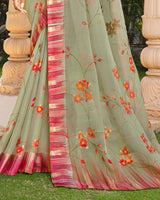 Vishal Prints Sage Green Digital Print Chiffon Saree With Stone Work And Satin Border