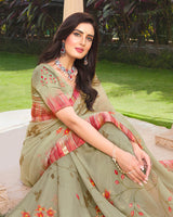 Vishal Prints Sage Green Digital Print Chiffon Saree With Stone Work And Satin Border