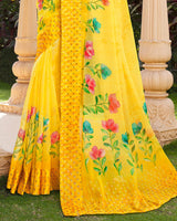 Vishal Prints Yellow Digital Print Chiffon Saree With Stone Work And Satin Border