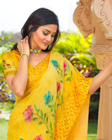 Vishal Prints Yellow Digital Print Chiffon Saree With Stone Work And Satin Border