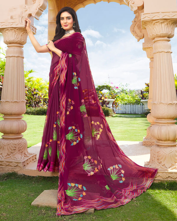 Vishal Prints Wine Digital Print Chiffon Saree With Stone Work And Satin Border