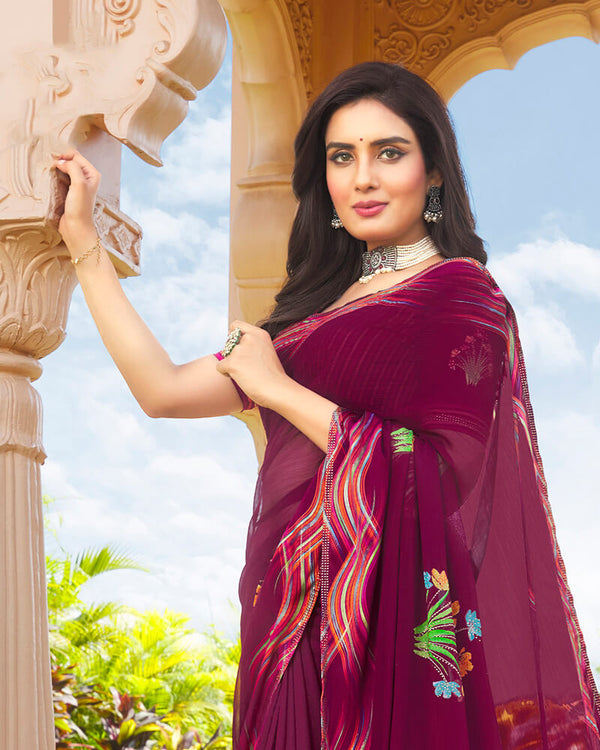 Vishal Prints Wine Digital Print Chiffon Saree With Stone Work And Satin Border