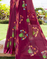 Vishal Prints Wine Digital Print Chiffon Saree With Stone Work And Satin Border