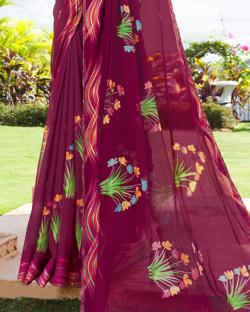 Vishal Prints Wine Digital Print Chiffon Saree With Stone Work And Satin Border