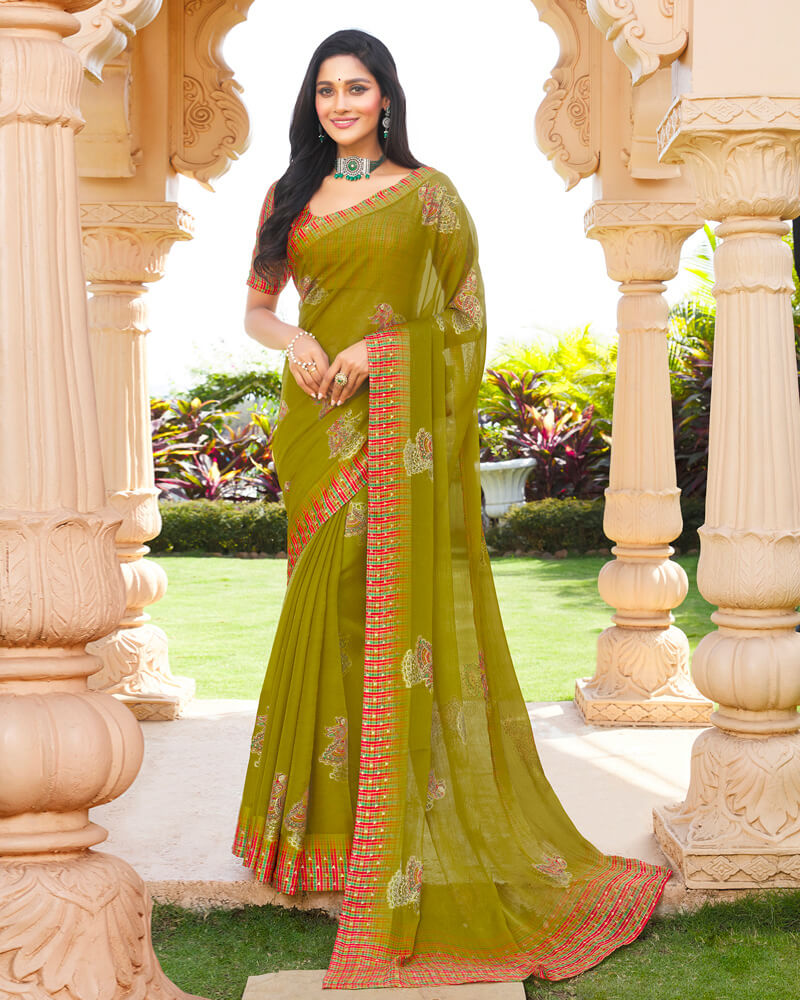 Vishal Prints Olive Yellow Digital Print Chiffon Saree With Stone Work And Satin Border